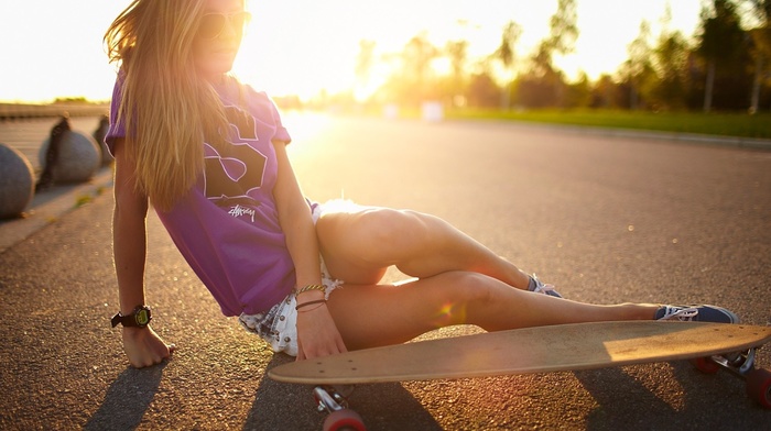 on the floor, skateboard, blonde, road, girl, sitting, sunset, girl with glasses