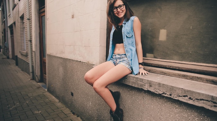 sitting, girl with glasses, jean shorts, girl