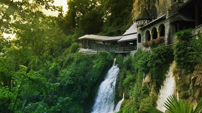 nature, cliff, Switzerland, architecture, arch, waterfall, old building, forest, trees, rock