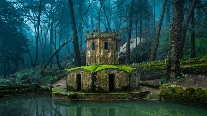 old building, water, nature, lake, reflection, forest, architecture, tower