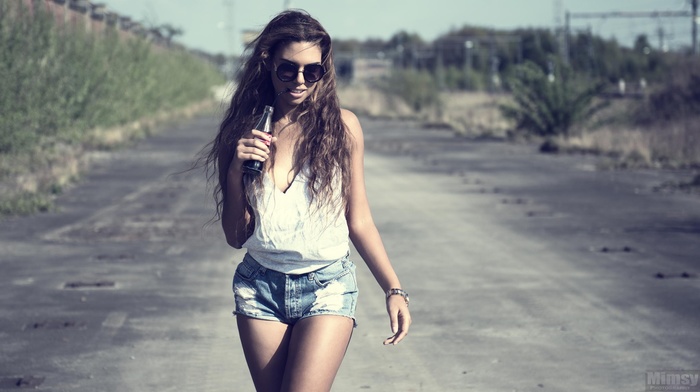 girl with glasses, jean shorts, girl, road, coca, cola, brunette