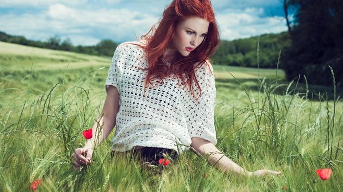 redhead, flowers, girl, grass, nature