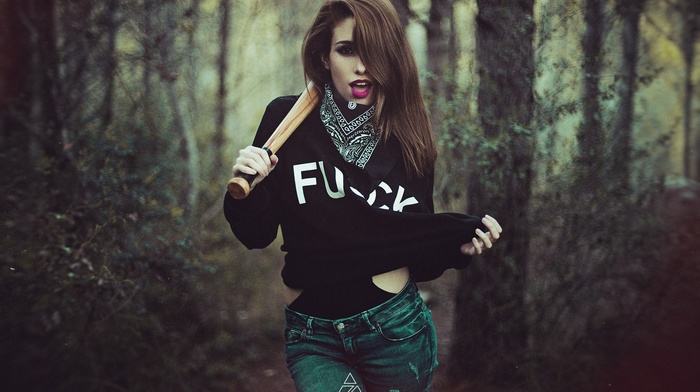 torn jeans, forest, girl, baseball bats