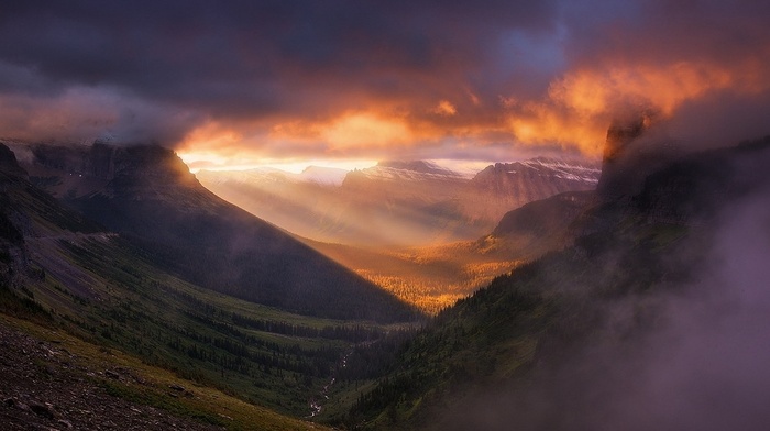 sunrise, clouds, mountain, mist, valley, Glacier National Park, sunlight, sun rays, landscape, nature, forest