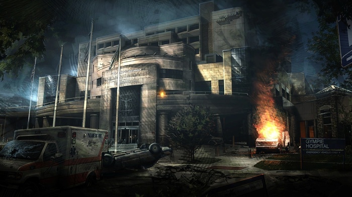 hospital, fire, apocalyptic, concept art, abandoned, Abandoned city, ambulances
