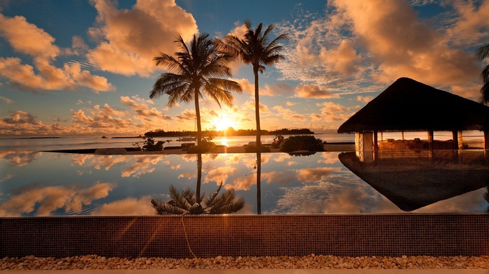 swimming pool, hut, sunset, water, dusk