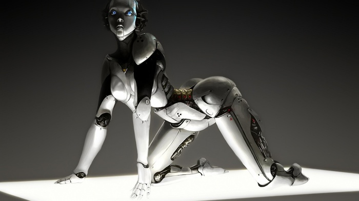 androids, simple background, Gynoid, silver, CGI, blue eyes, metal, robot, digital art