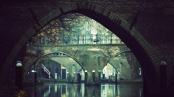 bridge, photography, bicycle, shadow, river, trees, Utrecht