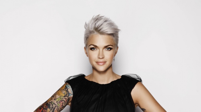 tattoos, Ruby Rose actress, simple background