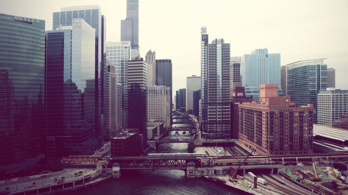 road, Chicago, skyscraper, river, city, photography