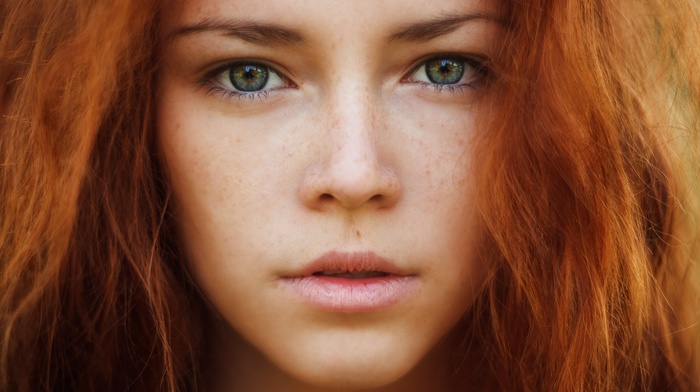redhead, girl, freckles, face, hazel eyes
