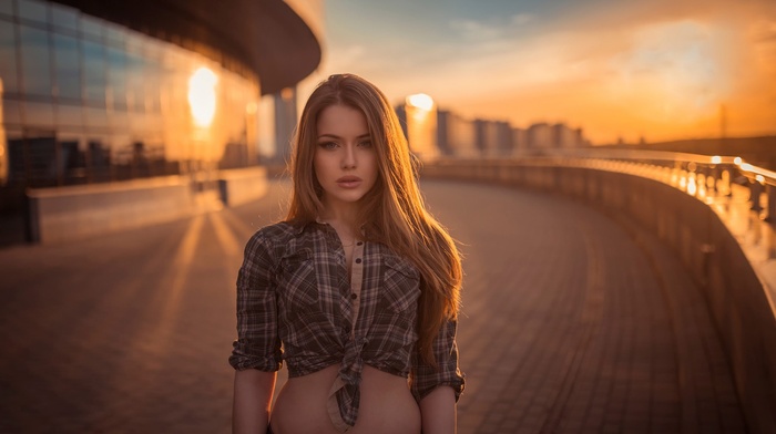 model, girl, depth of field, sunset