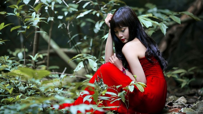 red lipstick, long hair, nature, brunette, red dress, Asian, model, closed eyes, girl, trees, girl outdoors, bare shoulders, sitting