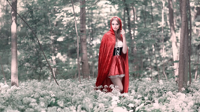brunette, nature, open mouth, trees, long hair, model, girl outdoors, cosplay, looking at viewer, hoods, red hood, girl, red skirt