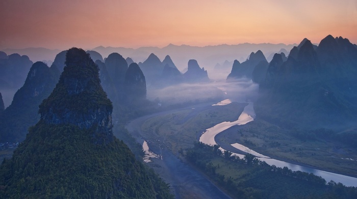 landscape, China, river, sunrise, forest, nature, mountain, mist