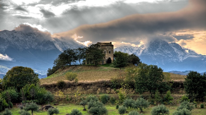 snowy peak, trees, mountain, old building, ruin, house, architecture, clouds, hill, nature, landscape