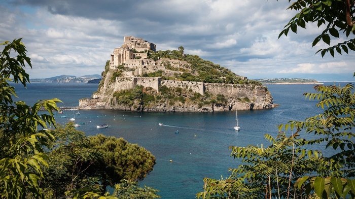 trees, sea, old building, landscape, monastery, house, Italy, clouds, island, nature, yachts, boat, architecture, hill