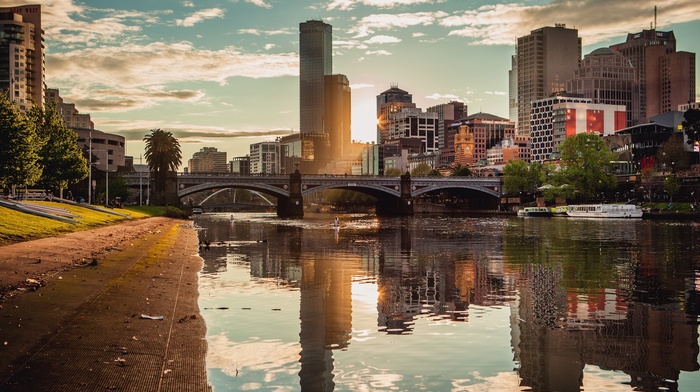 Melbourne, skyscraper, kayaks, building, bridge, trees, reflection, city, clouds, sun rays, river, Australia, water, cityscape, boat