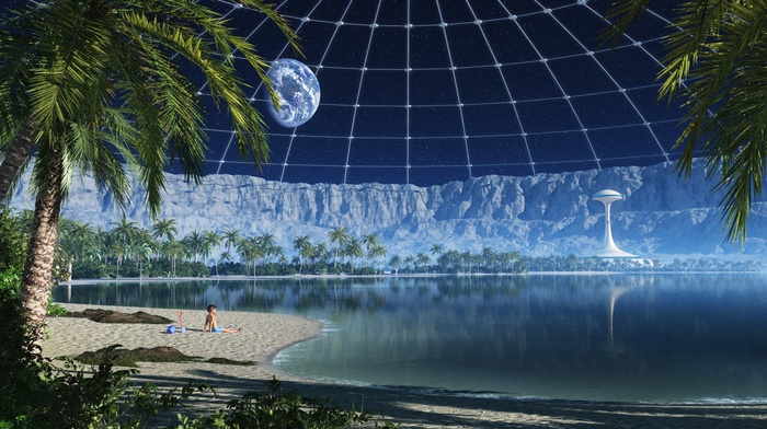 digital art, water, sand, futuristic, sphere, mountain, universe, globes, beach, palm trees, Earth, fantasy art, stars