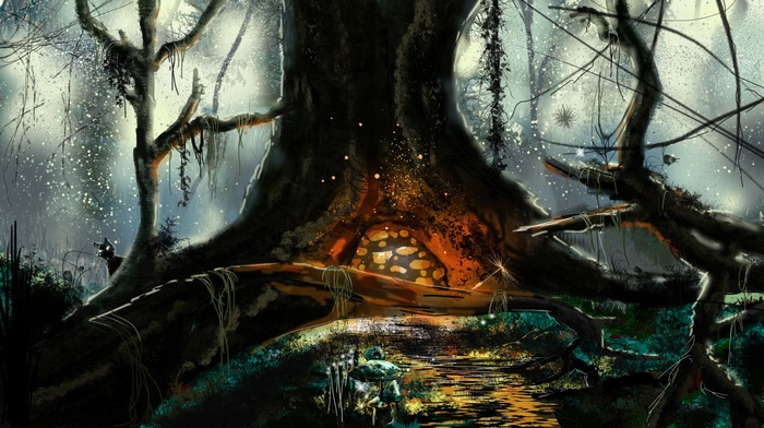 branch, water, lianas, mushroom, digital art, fantasy art, trees