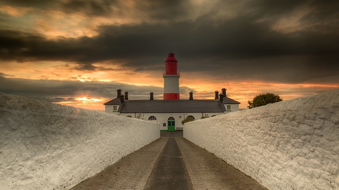 trees, nature, road, house, clouds, walls, lighthouse, sunrise, landscape, HDR, symmetry