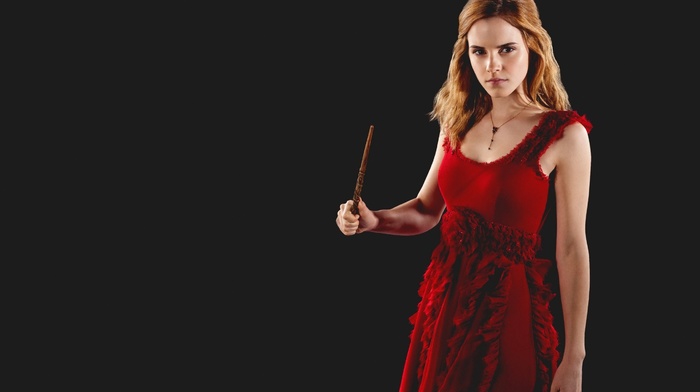 dress, Harry Potter, girl, wizard, movies, Hermione Granger, actress, red dress, Emma Watson, simple background