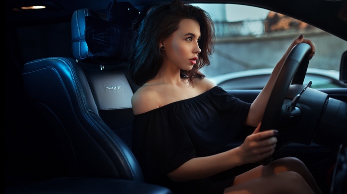 brunette, Ivan Gorokhov, dress, girl, car, black dress, girl with cars