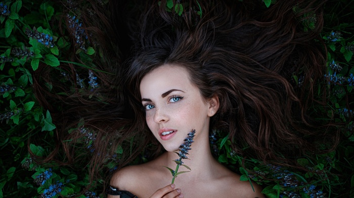 face, girl, model, long hair, flowers, freckles, blue eyes, Georgiy Chernyadyev, brunette