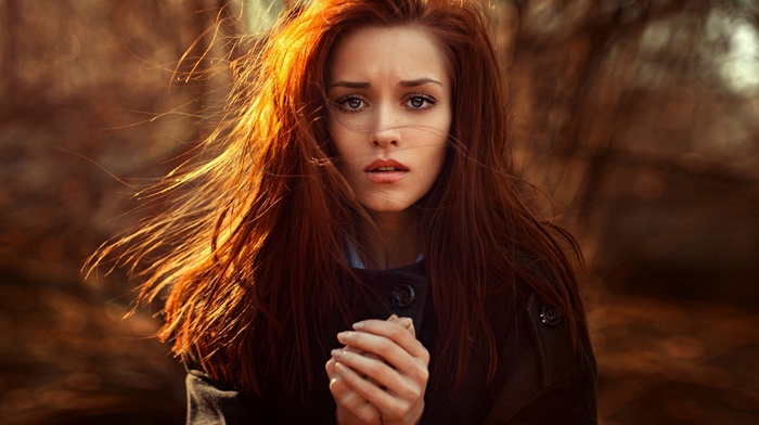 redhead, long hair, blue eyes, looking at viewer, girl, Georgiy Chernyadyev