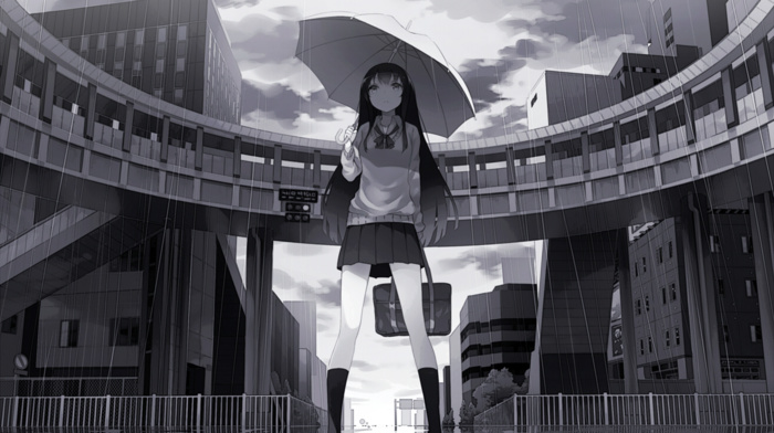 umbrella, schoolgirls, long hair, anime girls, anime