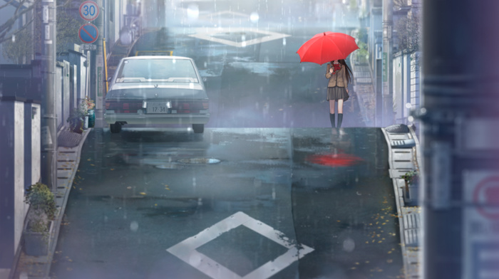 Aozaki Aoko, street, umbrella, anime girls, anime, Mahoutsukai no Yoru, schoolgirls, manga, rain