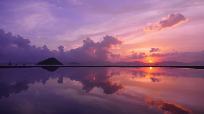 mirrored, water, clouds, sunset, reflection, landscape, nature