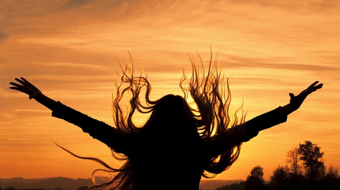 sunset, girl outdoors, girl, landscape, silhouette