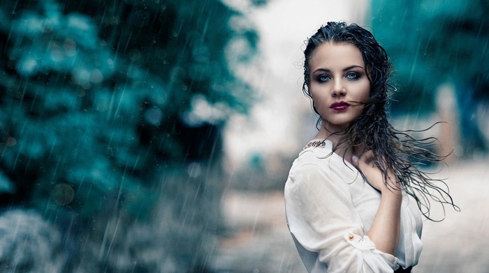 red lipstick, wet hair, rain, water, long hair, model, wet, girl outdoors, brunette, water drops, girl, trees, blue eyes, nature, wet clothing, white clothing, looking at viewer