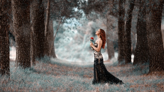 snow, looking up, girl, black dress, model, long hair, redhead, bare shoulders, trees, rose, dress, girl outdoors, nature