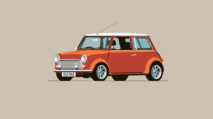 Mini Cooper, digital art, car, minimalism, red cars, simple background
