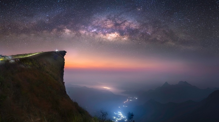 landscape, long exposure, lights, space, mist, abyss, starry night, Milky Way, nature, mountain, valley