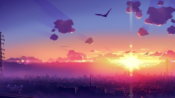 anime, sunrise, city