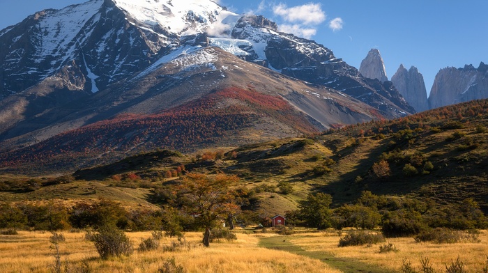 Chile, nature, mountain, cottage, grass, trees, snowy peak, shrubs, landscape