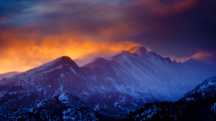 clouds, winter, mist, sunset, Rocky Mountain National Park, forest, mountain, snowy peak, landscape, nature
