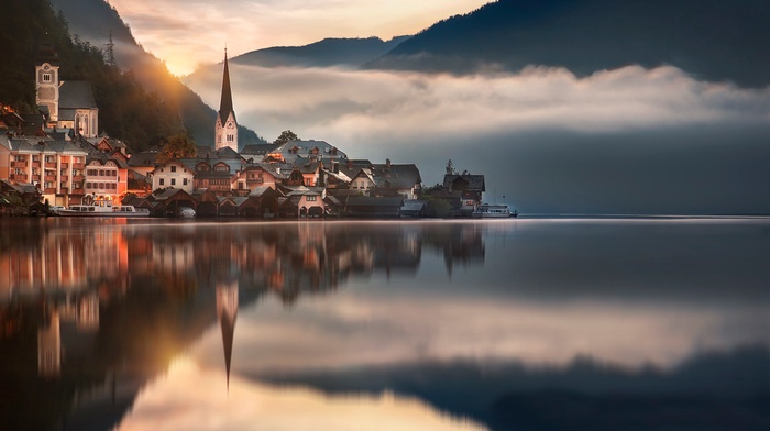 Austria, river, nature, Hallstatt, city, water, mountain, photography, clouds, landscape