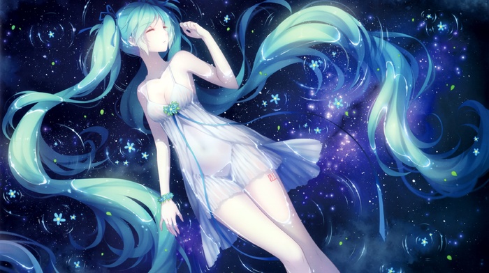 floating, closed eyes, flowers, water, pale, cleavage, Vocaloid, bracelets, ribbon, bare shoulders, hair ornament, night, Hatsune Miku, long hair, anime girls, white dress, aqua hair, dress, reflection, stars, twintails, bangs