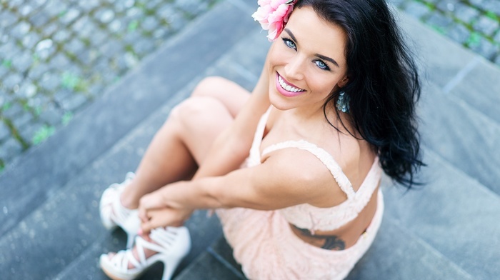 flower in hair, blue eyes, Gina Carla, model, girl outdoors, brunette, high heels