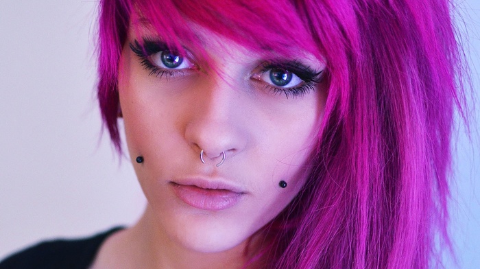 nose rings, girl, lips, purple hair, piercing, blue eyes, closeup
