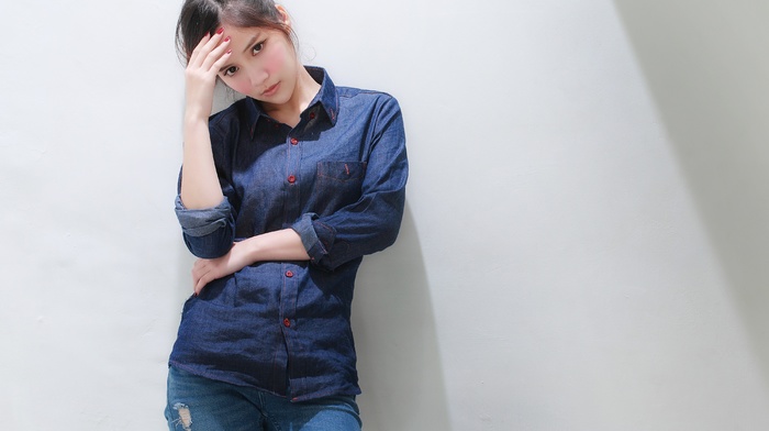 girl, walls, Asian, jeans, model