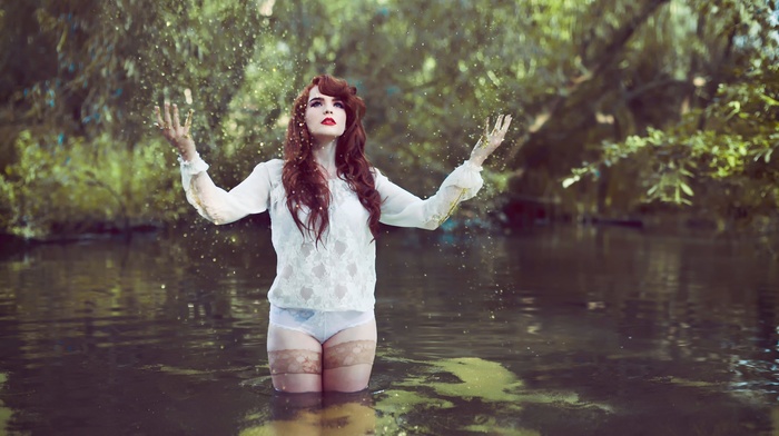 girl outdoors, nature, girl, arms up, water, panties, model