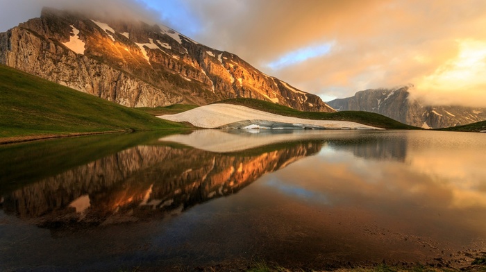 reflection, clouds, sunlight, landscape, snow, nature, water, Greece, mountain, grass, hill