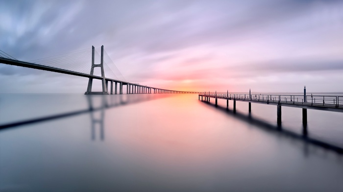 water, Vasco da Gama Bridge, shadow, Lisbon, calm, bridge, photography, long exposure, landscape, Portugal, pier, sunset
