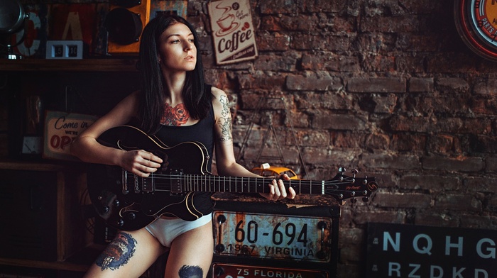 girl, model, white panties, guitar