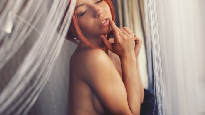 closed eyes, girl, topless, open mouth, strategic covering, boobs, miss fiksa, model, redhead